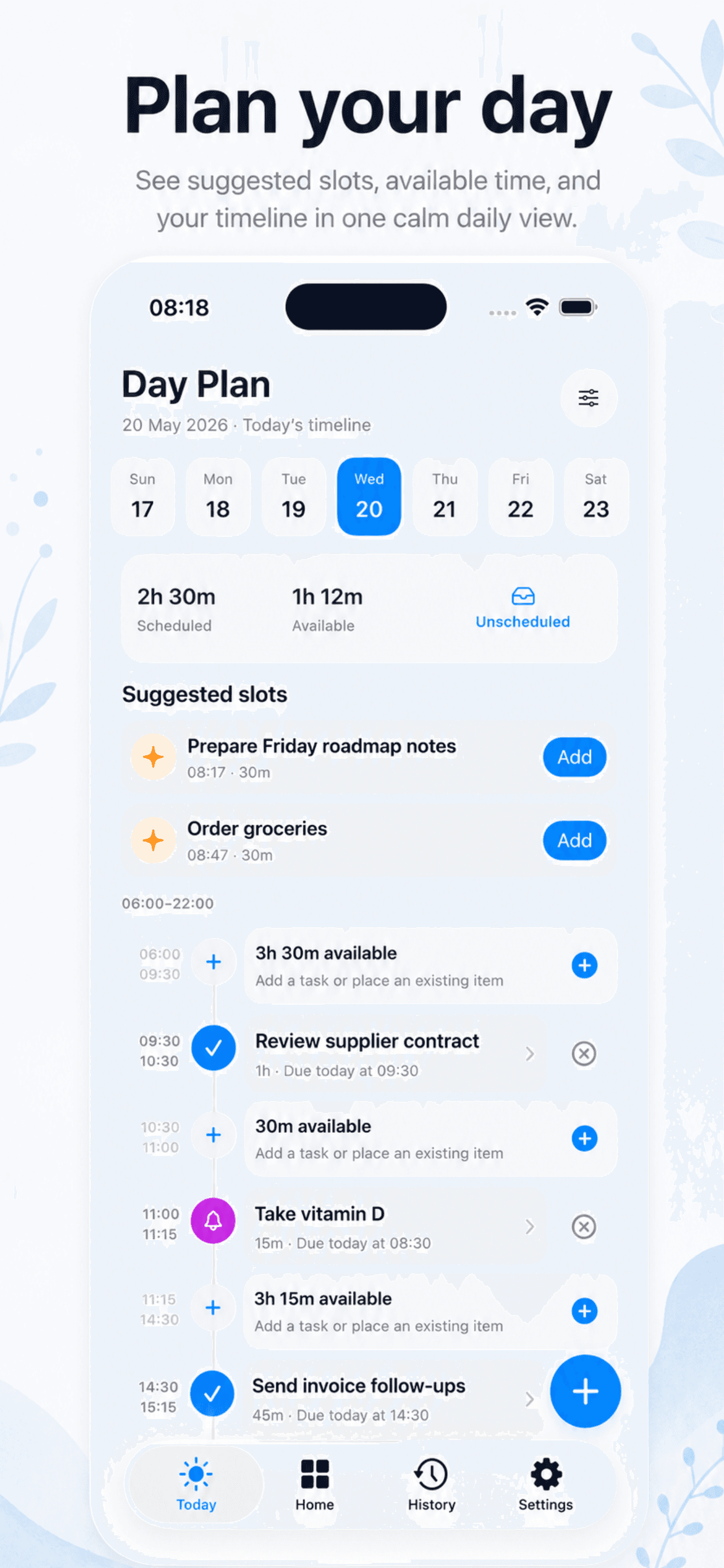 Orin Day Plan showing suggested slots, available time, and a daily timeline