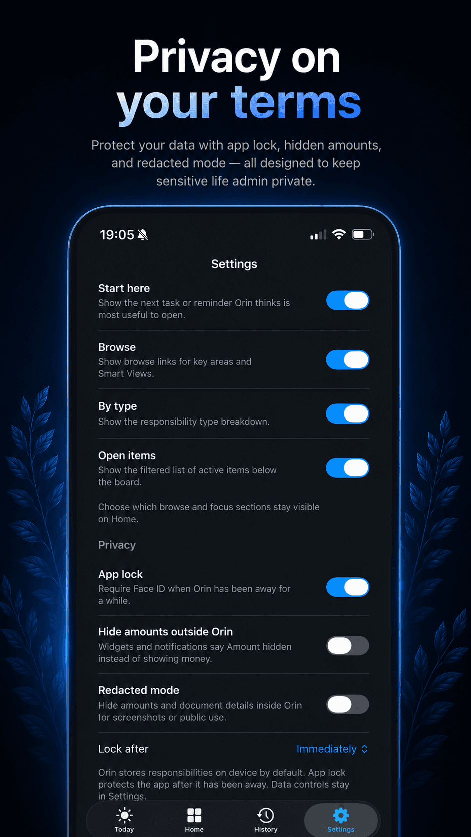 Orin privacy settings with app lock and redacted mode
