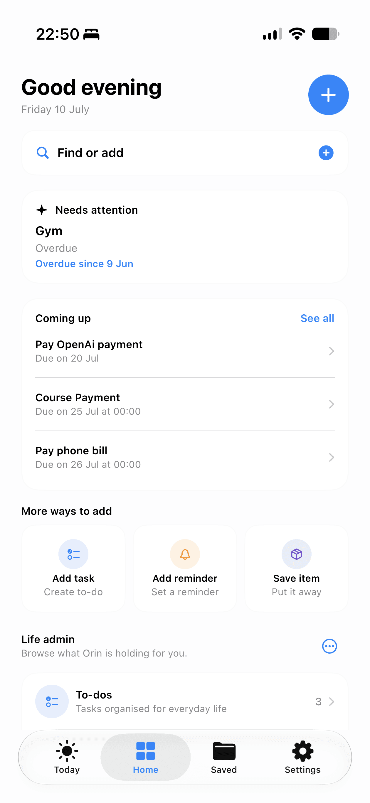 Orin Home showing a task that needs attention, upcoming bills, and quick ways to add life admin