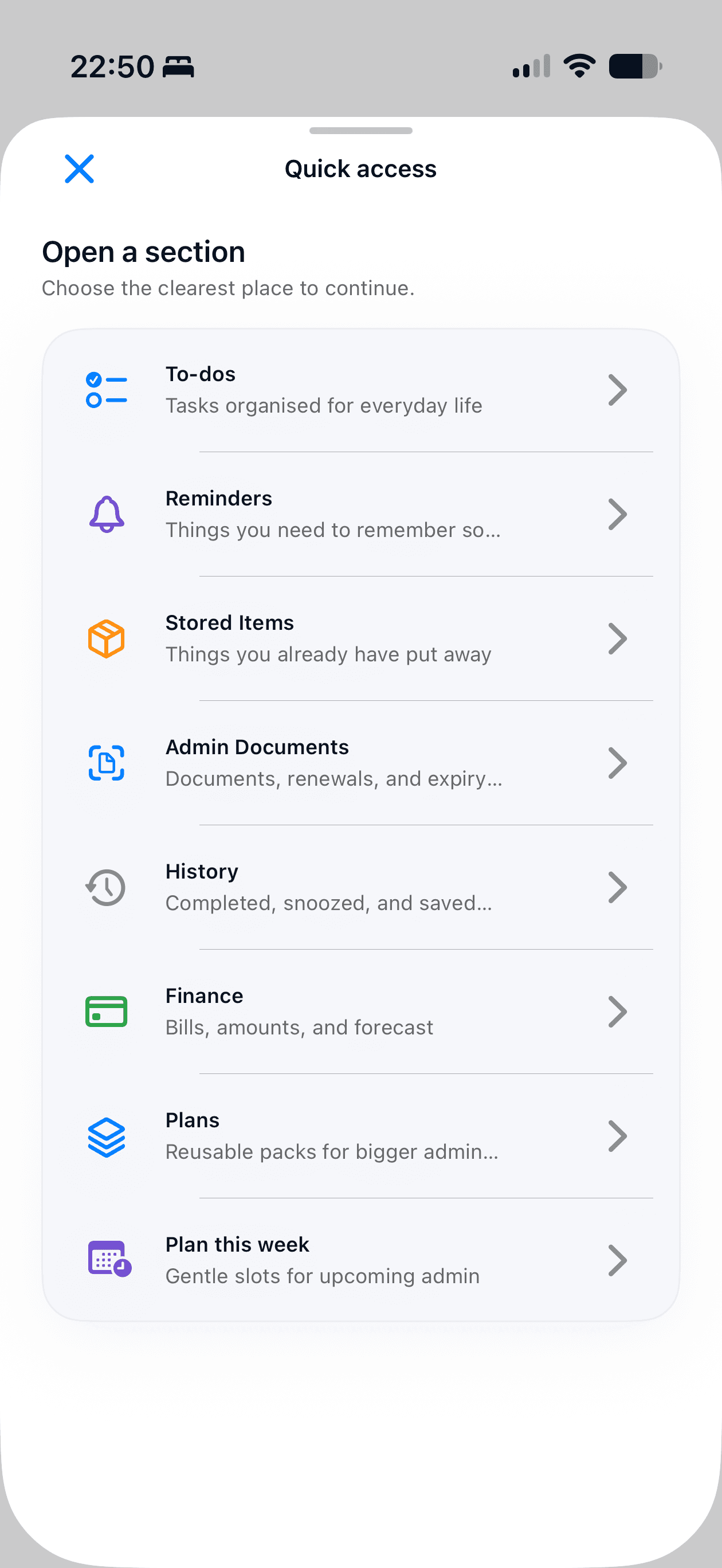 Orin Quick access showing focused sections for everyday life admin
