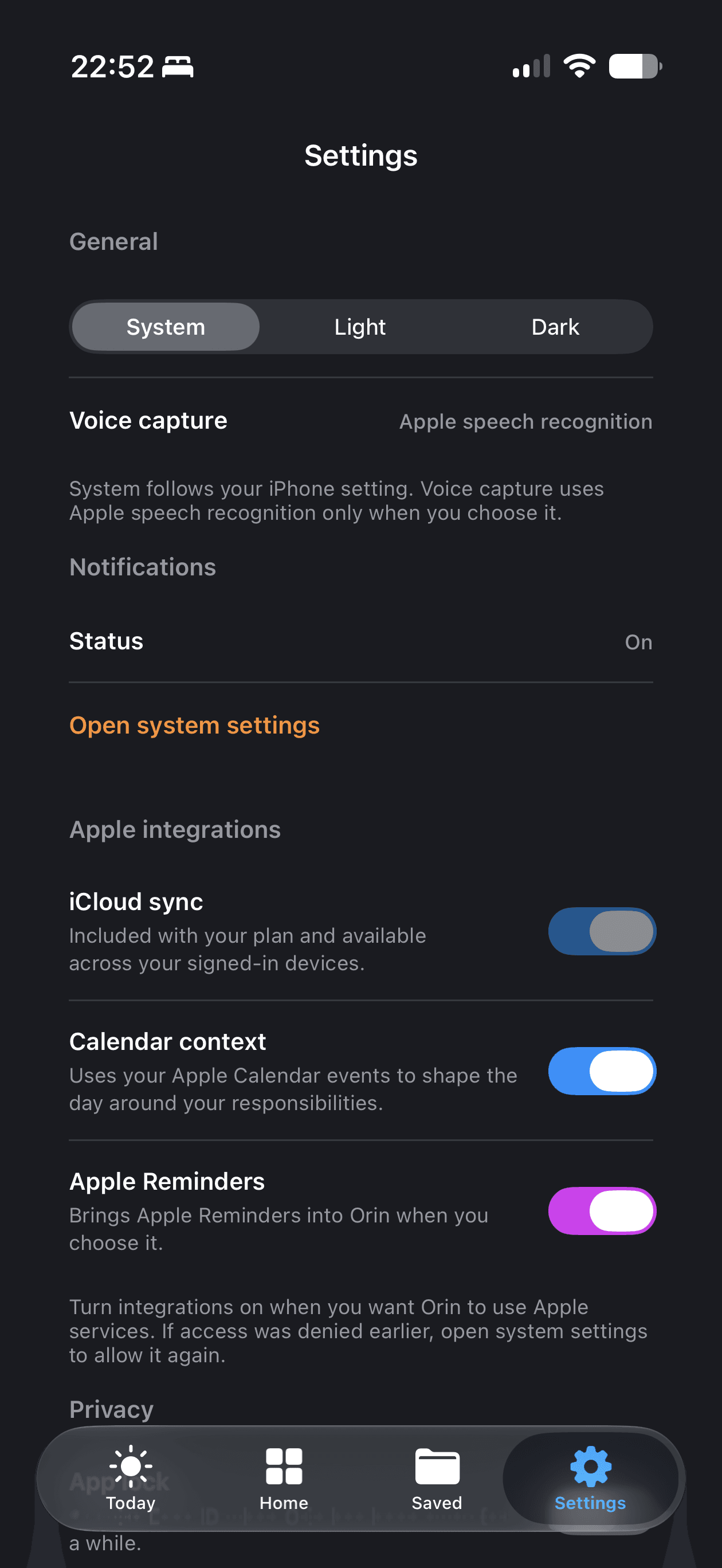 Orin settings screen with privacy controls and Apple integrations