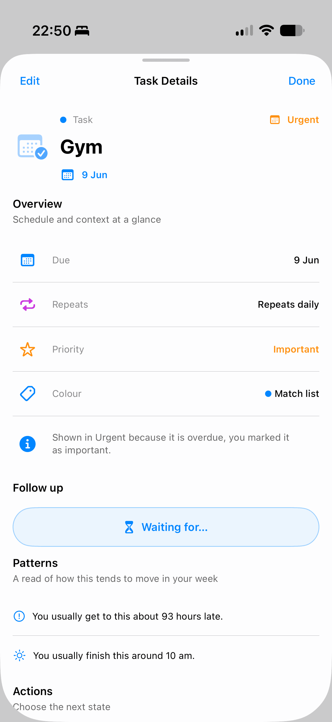 Orin Task Details showing due date, recurrence, priority, follow-up, and patterns