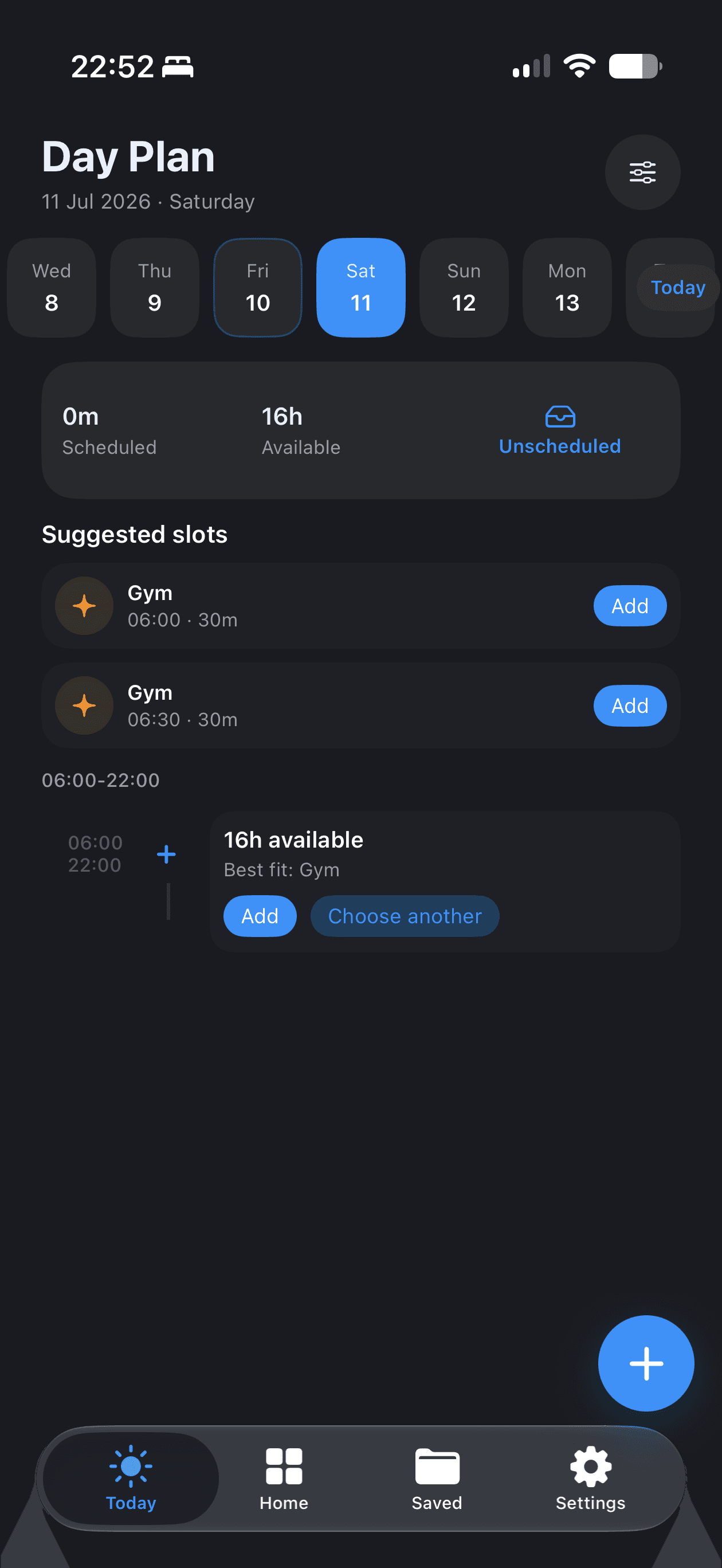 Orin Day Plan showing suggested slots, available time, and a daily timeline