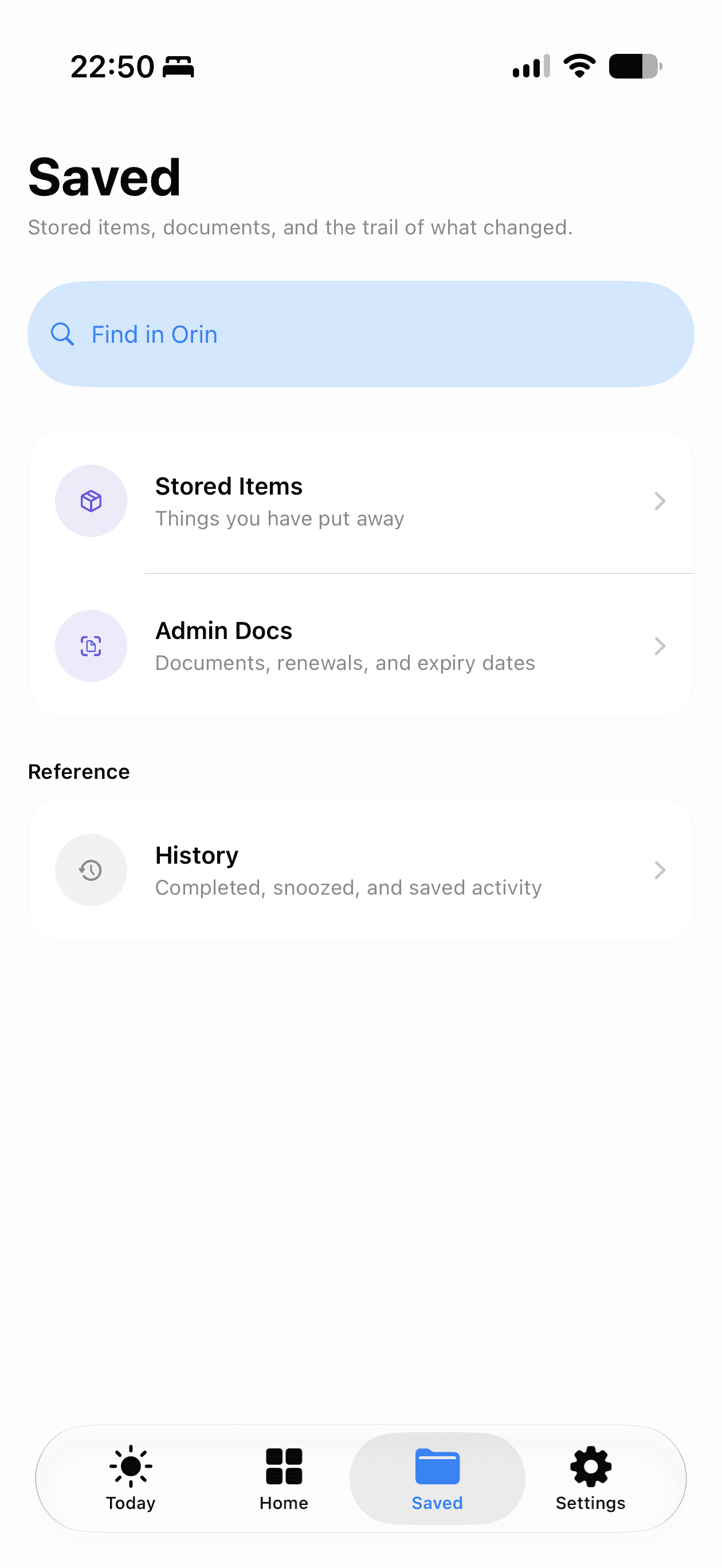 Orin Saved screen with access to stored items, admin documents, and history