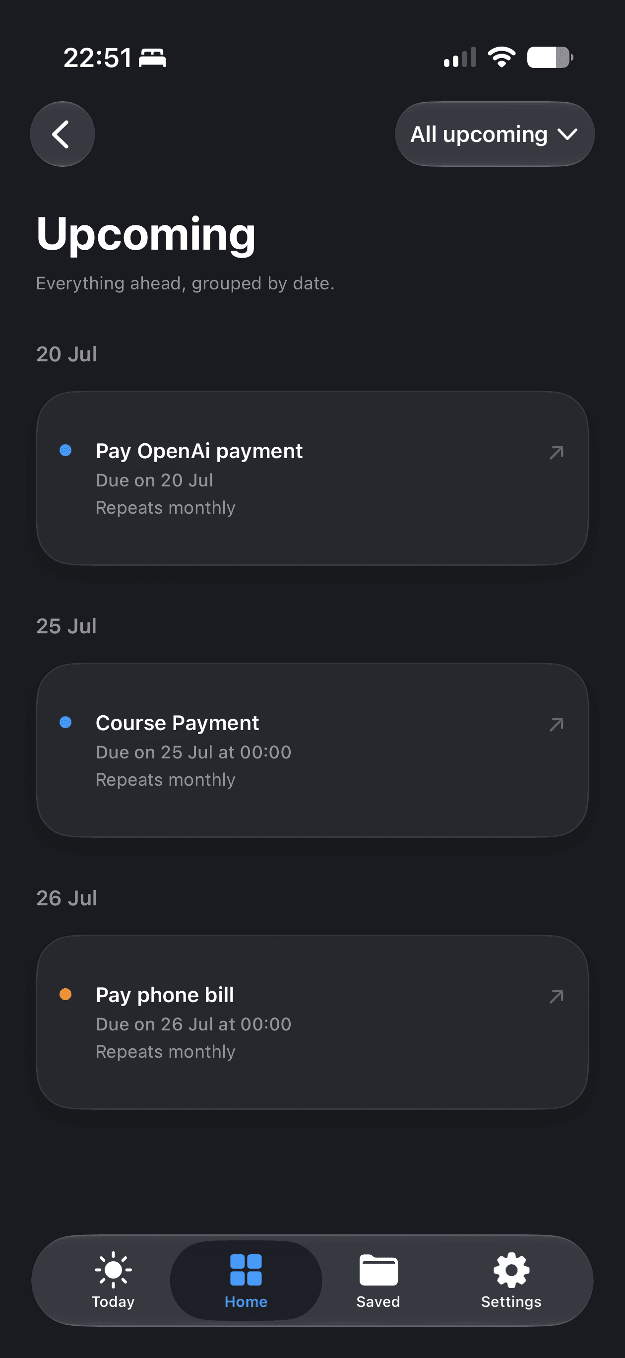 Orin Upcoming screen showing recurring bills grouped by date