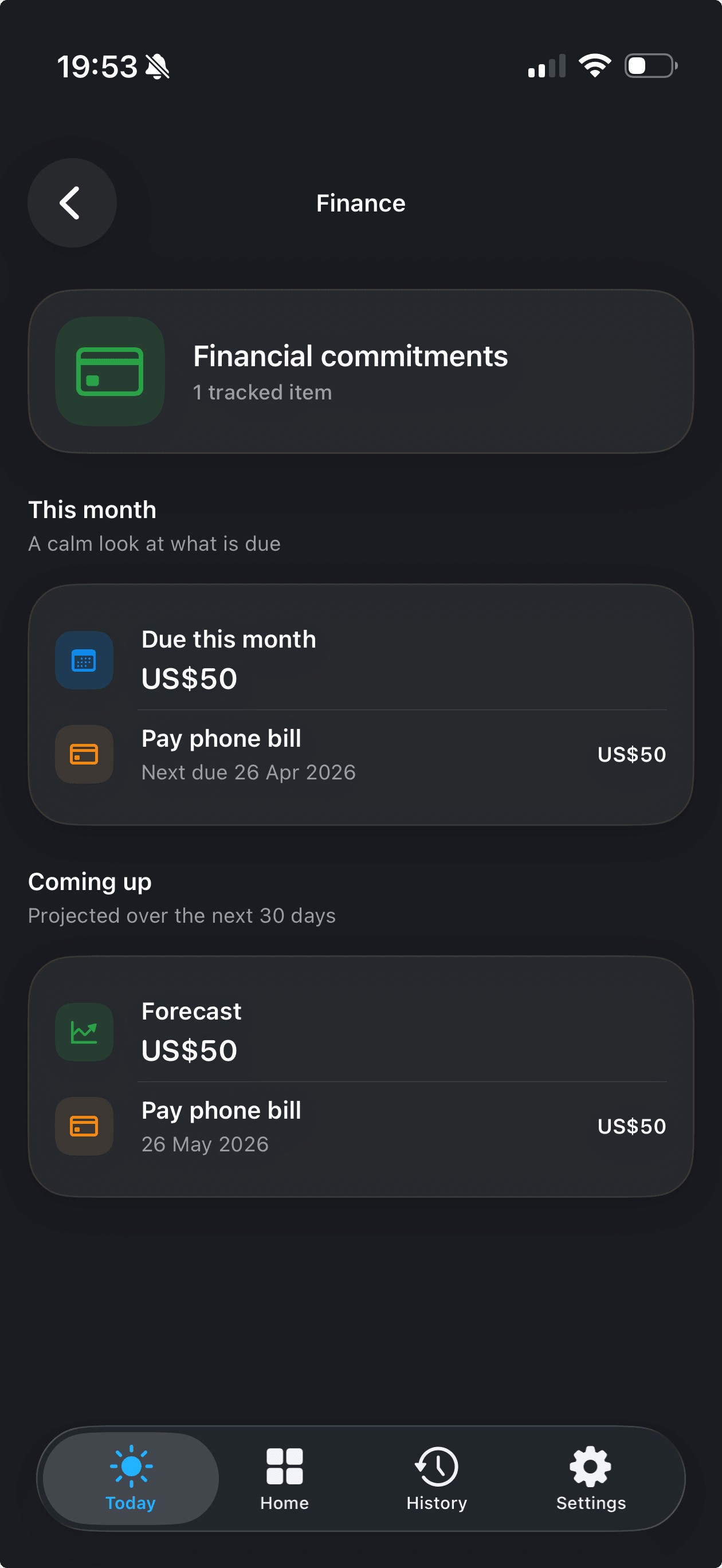 Orin Finance screen showing bills and subscriptions