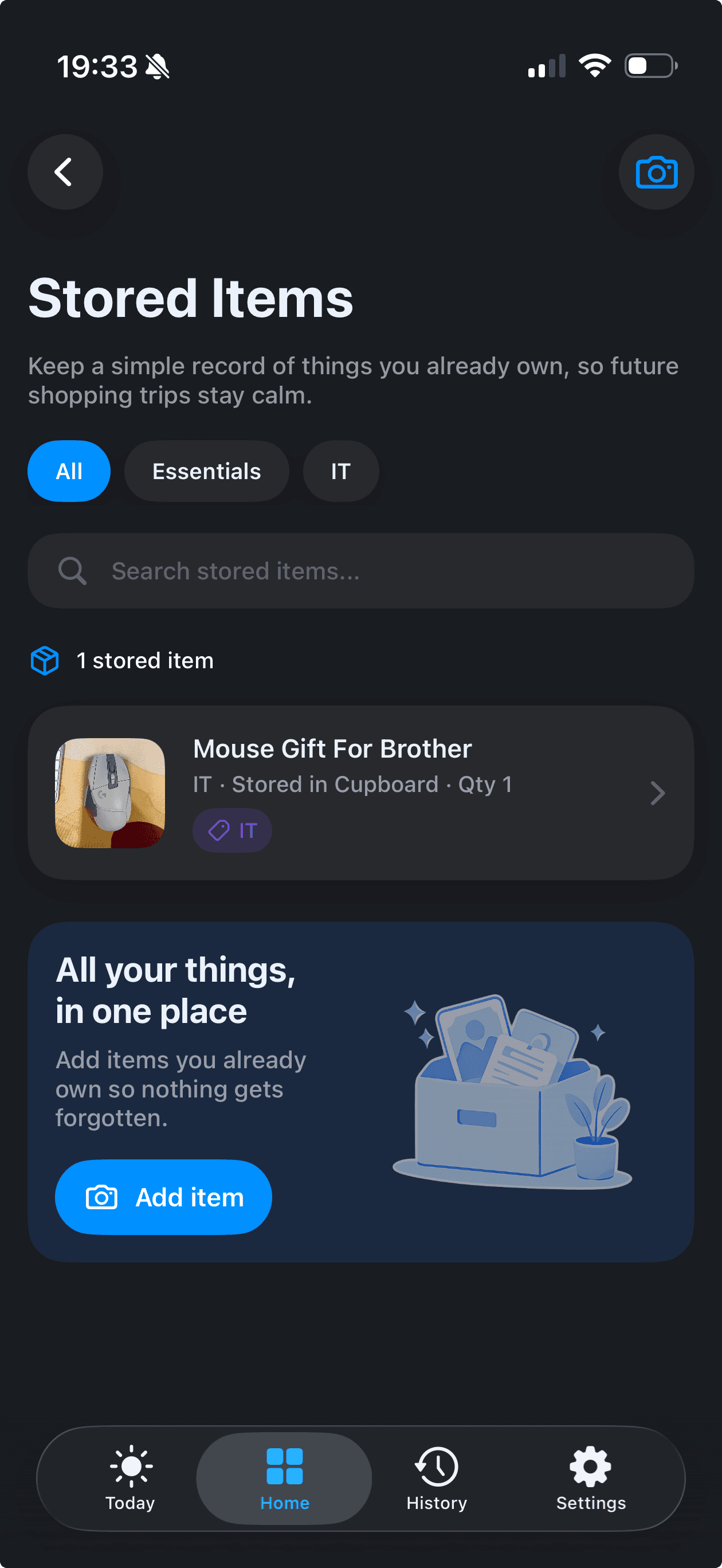 Orin Stored Items screen for product details and reminders